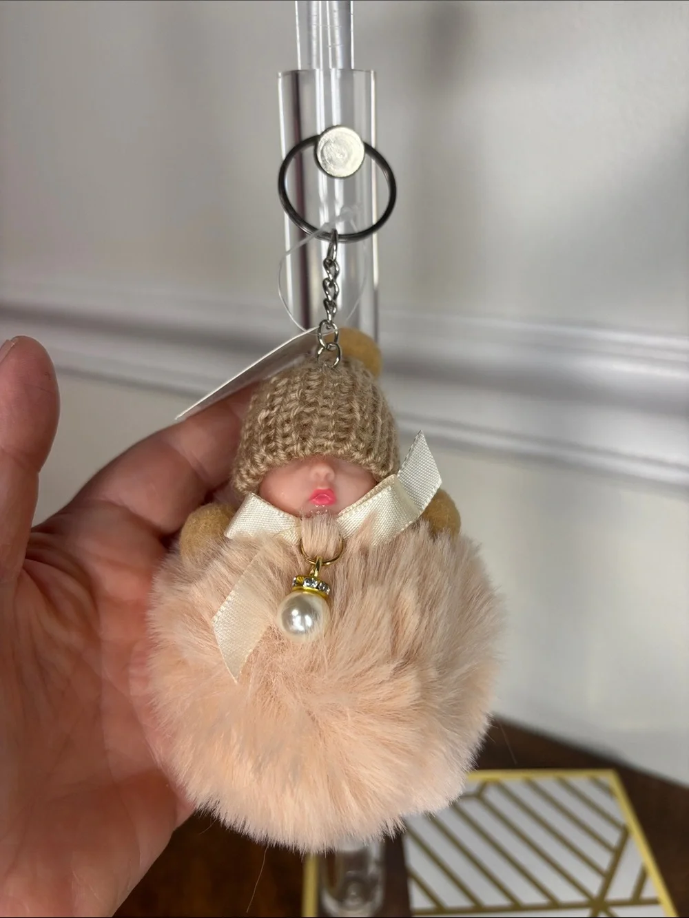 Sleeping Baby Plush Pom-Pom Keychain/Bag Charm Soft Blush Pink